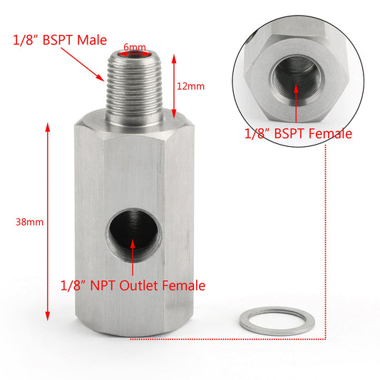 1/8" BSPT Oil Pressure Sensor Tee to NPT Adapter Turbo Supply Feed Line Mete