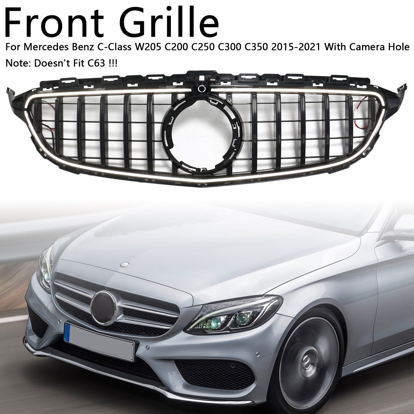 2015-2021 Mercedes Benz C-Class W205 C200 C250 C300 C350 Black Front Bumper Grill Grille W/LED