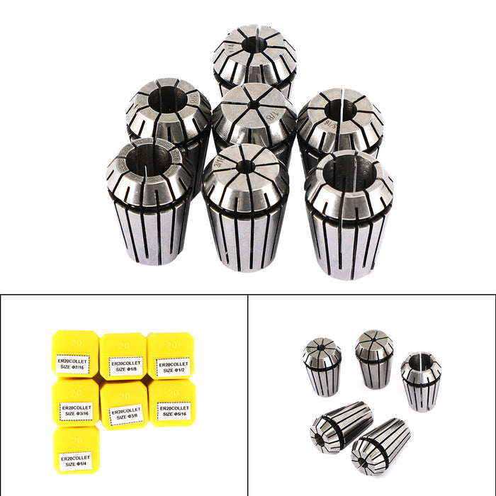 CNC Milling Lathe Engraving Machine, 7Pcs ER20(1/8"-1/2") ER20 Spring Collet Set