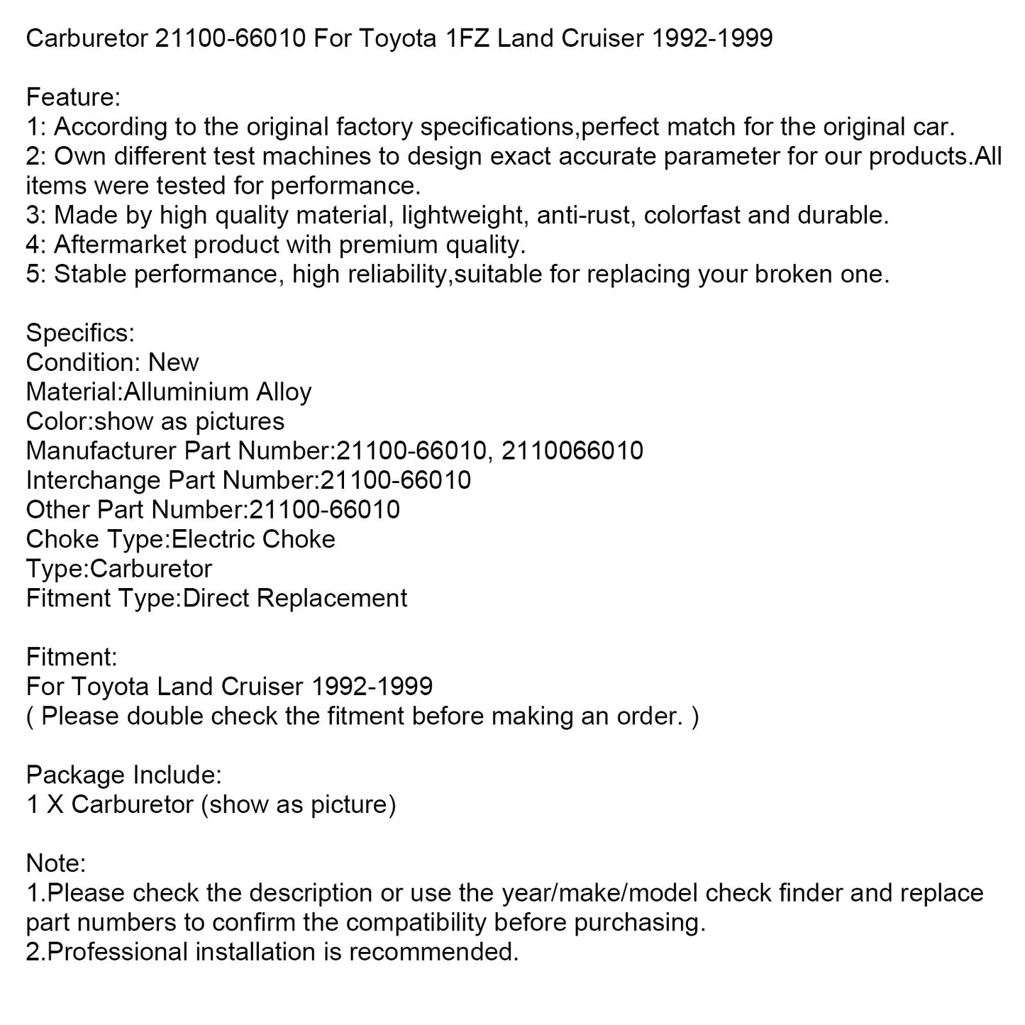 1992-1999 Toyota 1FZ Land Cruiser Carburetor 21100-66010