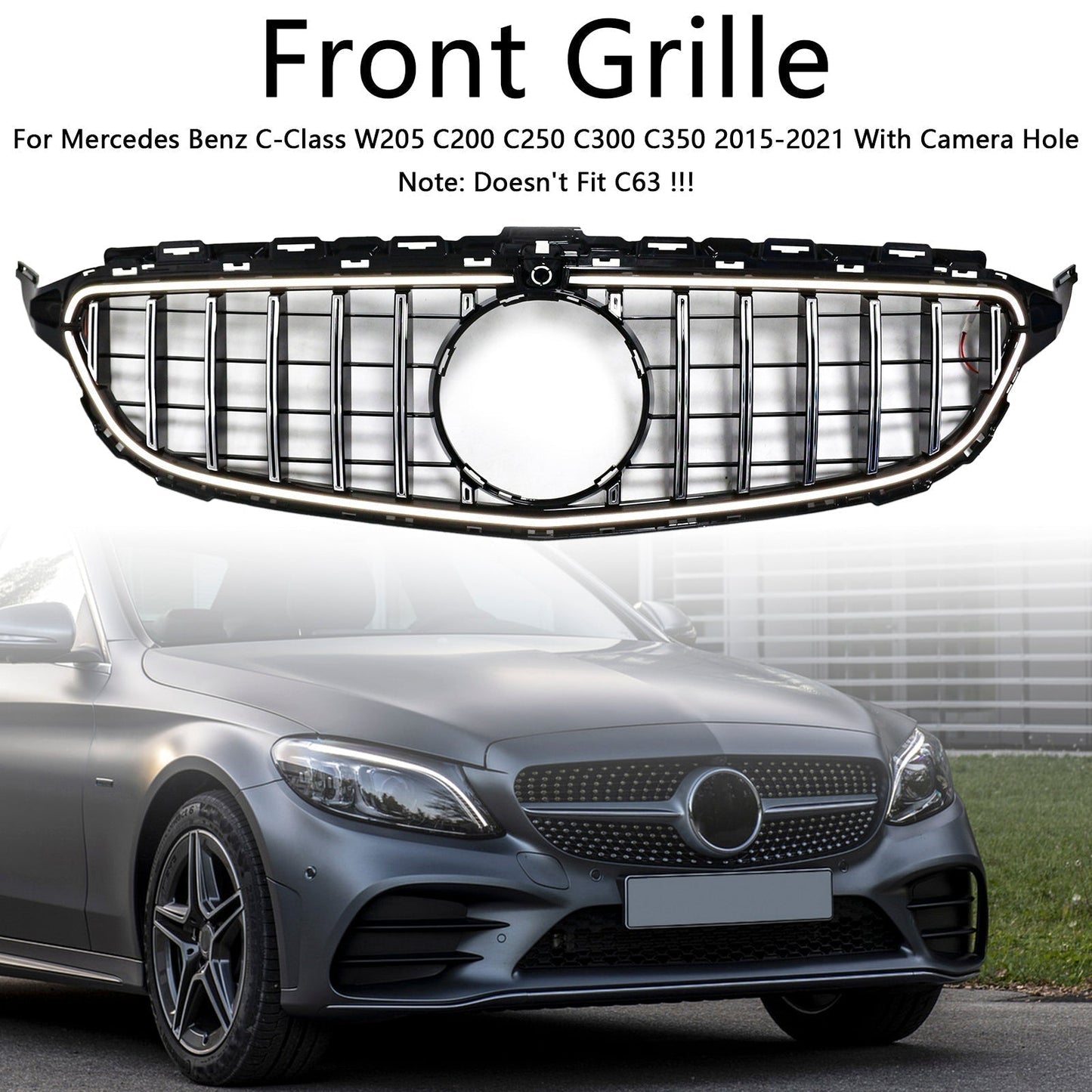 2015-2021 Mercedes Benz C-Class W205 C200 C250 C300 C350 Chrome Front Bumper Grill Grille W/LED