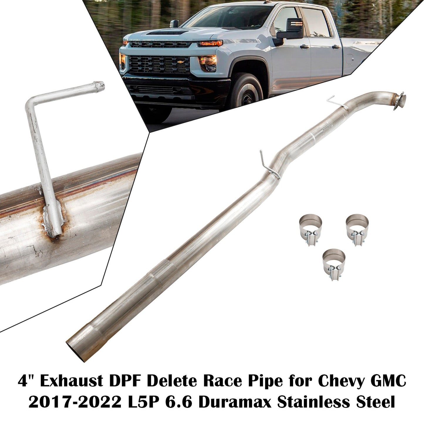 2017-2022 GMC Sierra 2500 3500 HD L5P 6.6L Duramax Diesel 4" Exhaust DPF Delete Race Pipe Stainless Steel