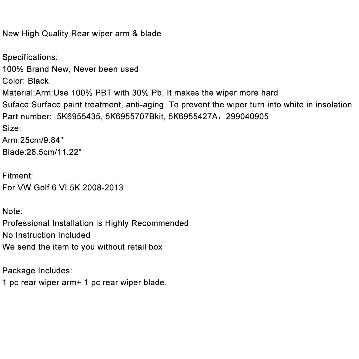 Rear Window Windshield Wiper Arm Blade For VW Golf 6 VI 5K 2008-2013