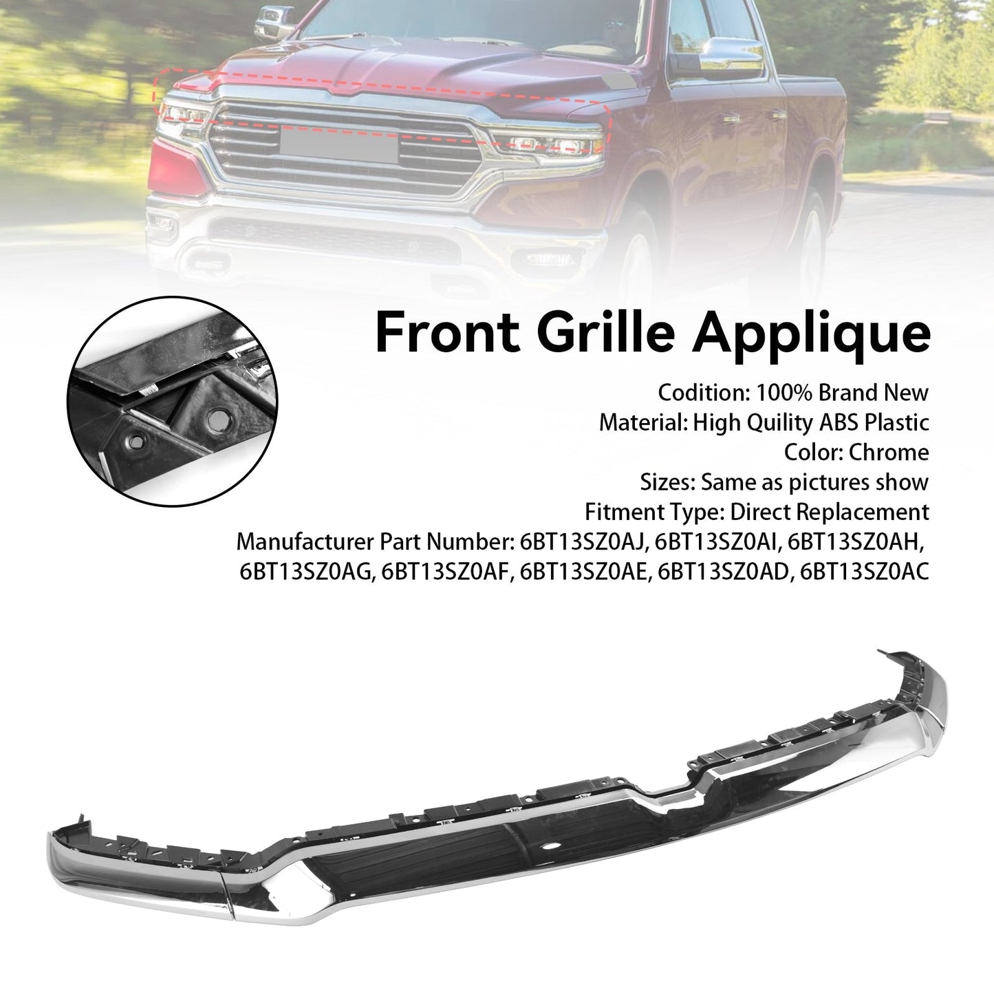 2019-2021 Dodge Ram 1500 Grill Grille Applique Upper Trim 6BT13SZ0AJ Generic