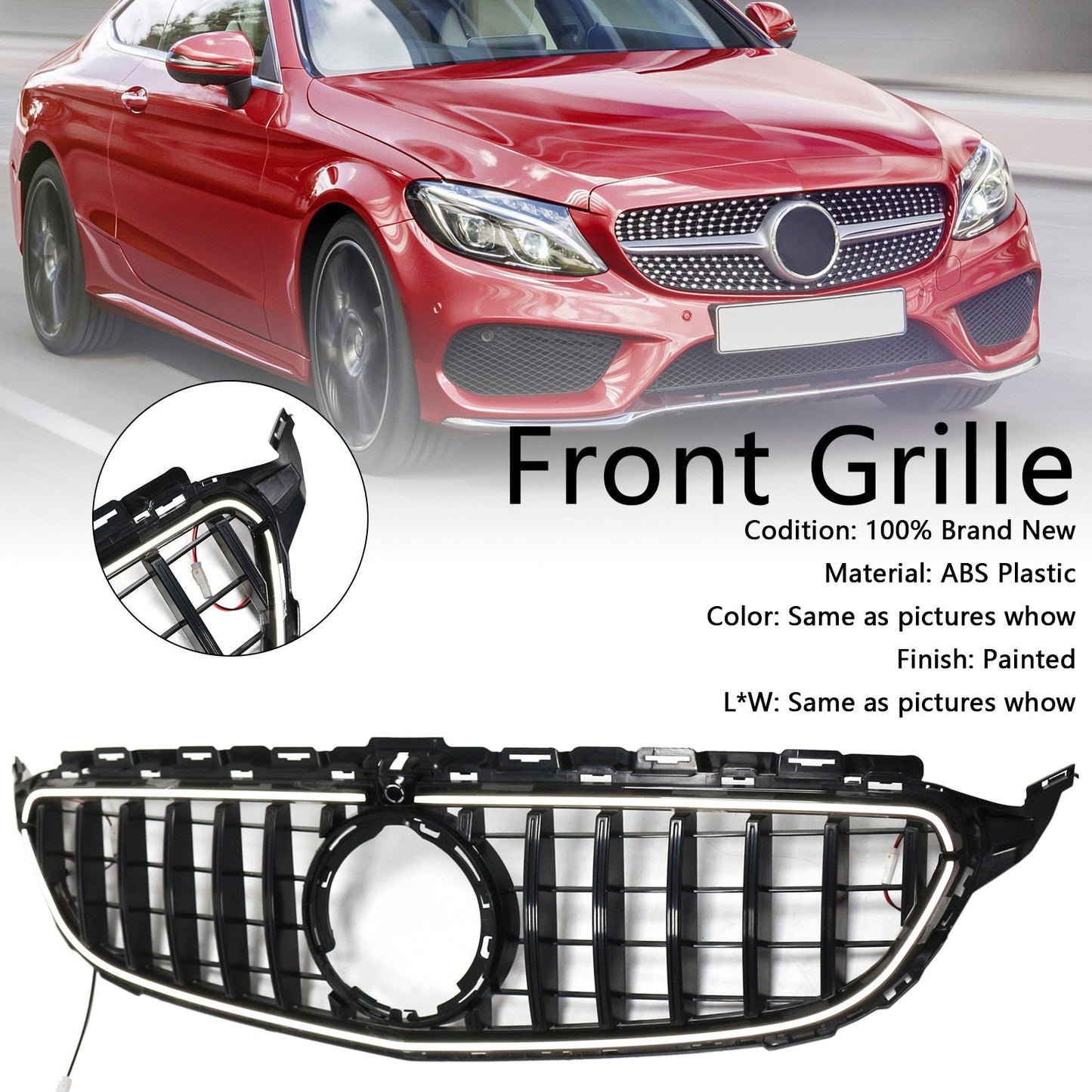 2015-2021 Mercedes Benz C-Class W205 C200 C250 C300 C350 Black Front Bumper Grill Grille W/LED