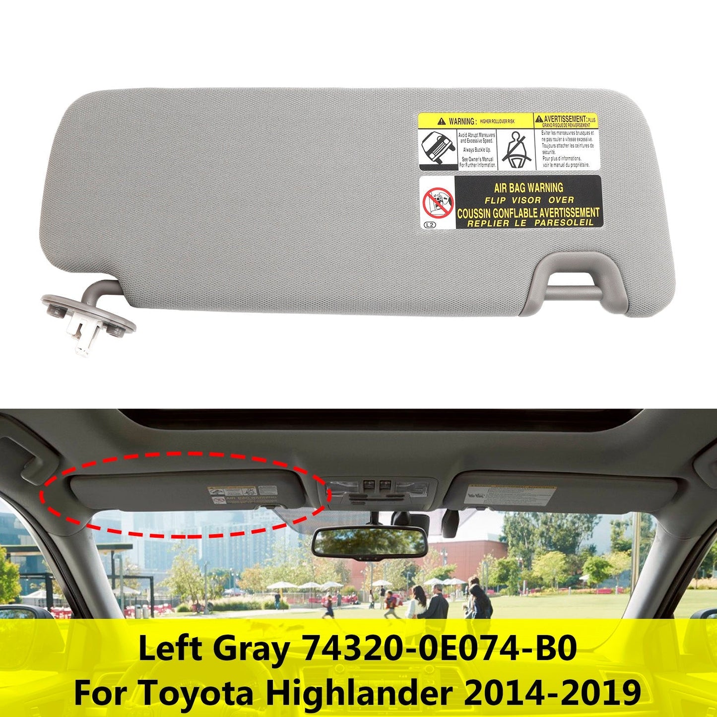 2014-2019 Highlander Toyota 74320-0E074-B0 Left Sun Visor W/Vanity Light Gray