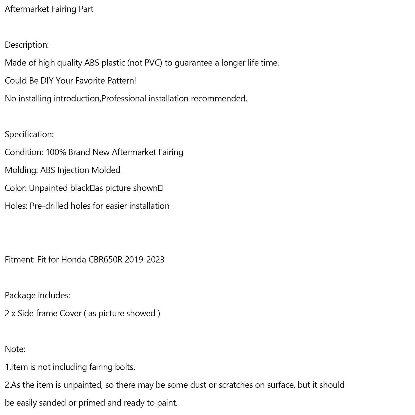 2019-2023 Honda CBR650R Unpainted side frame Cover Panel Fairing Cowl