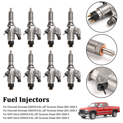 2001-2004.5 Chevy Silverado 2500HD/3500HD 6.6L LB7 Duramax Diesel 8PCS Fuel Injectors 0445120008 0986435502 97208074