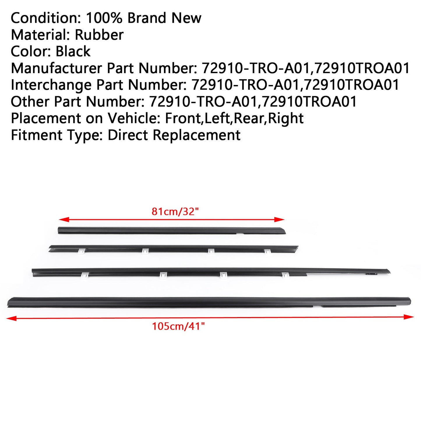 2012-2015 Honda Civic 4pcs Car Weatherstrip Window Moulding Trim Seal Belt 72910TROA01