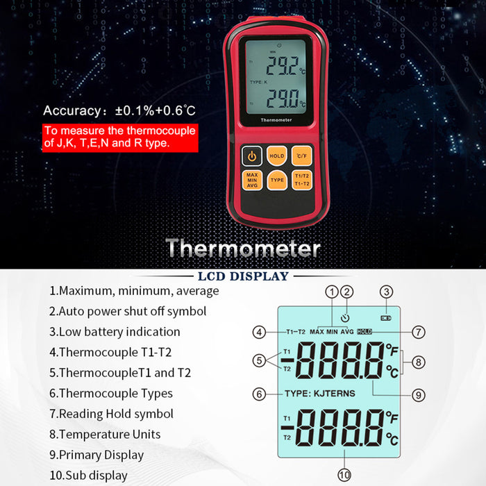 Digital Dual Channel Thermometer With 2 K-Type Thermocouple Sensor Tester