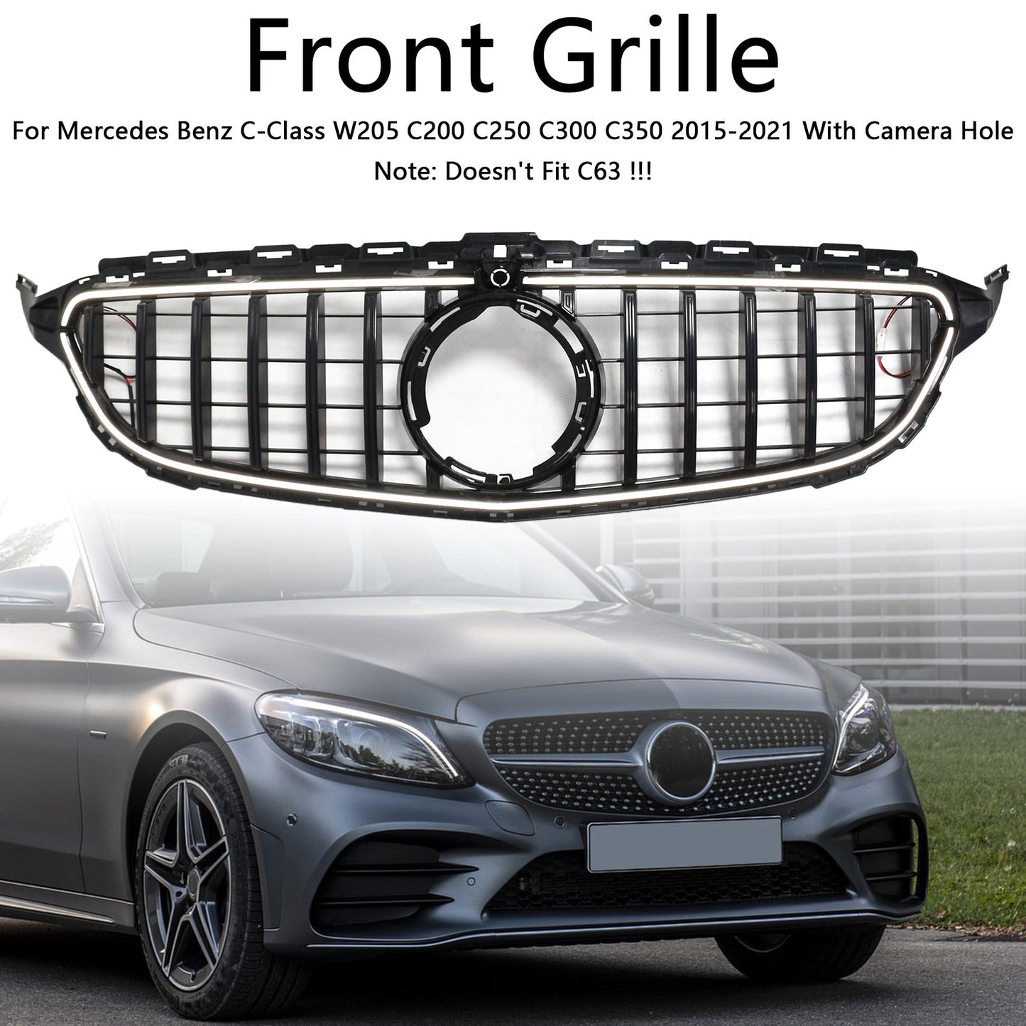 2015-2021 Mercedes Benz C-Class W205 C200 C250 C300 C350 Black Front Bumper Grill Grille W/LED