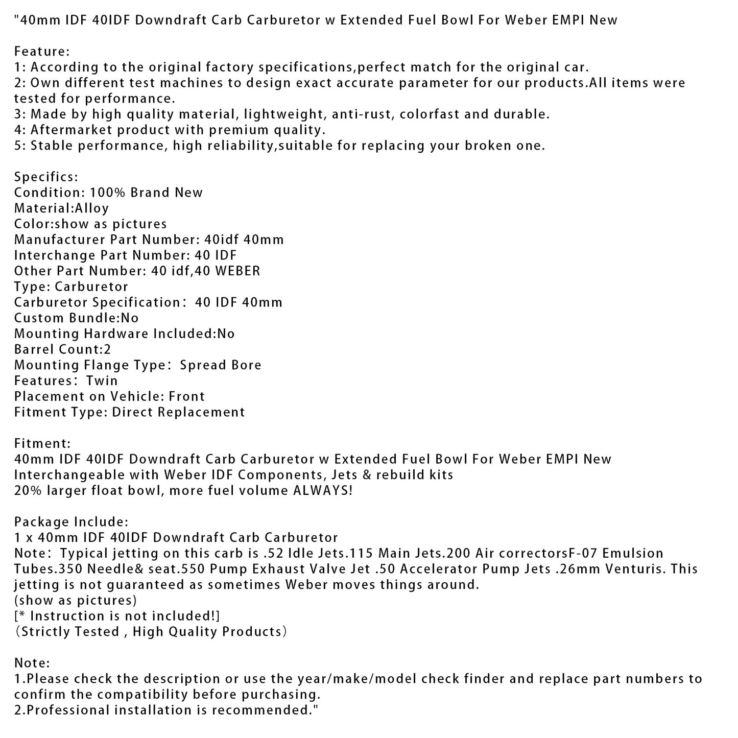 40mm IDF 40IDF Downdraft Carb Carburetor w Extended Fuel Bowl For Weber EMPI
