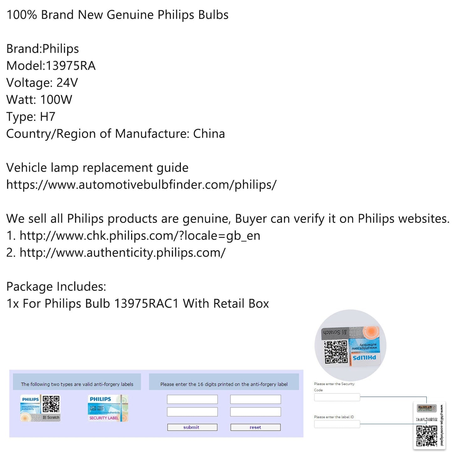 Philips H7 SuperBright Quartz Halogen Truck Headlight 24V100W 13975RAC1