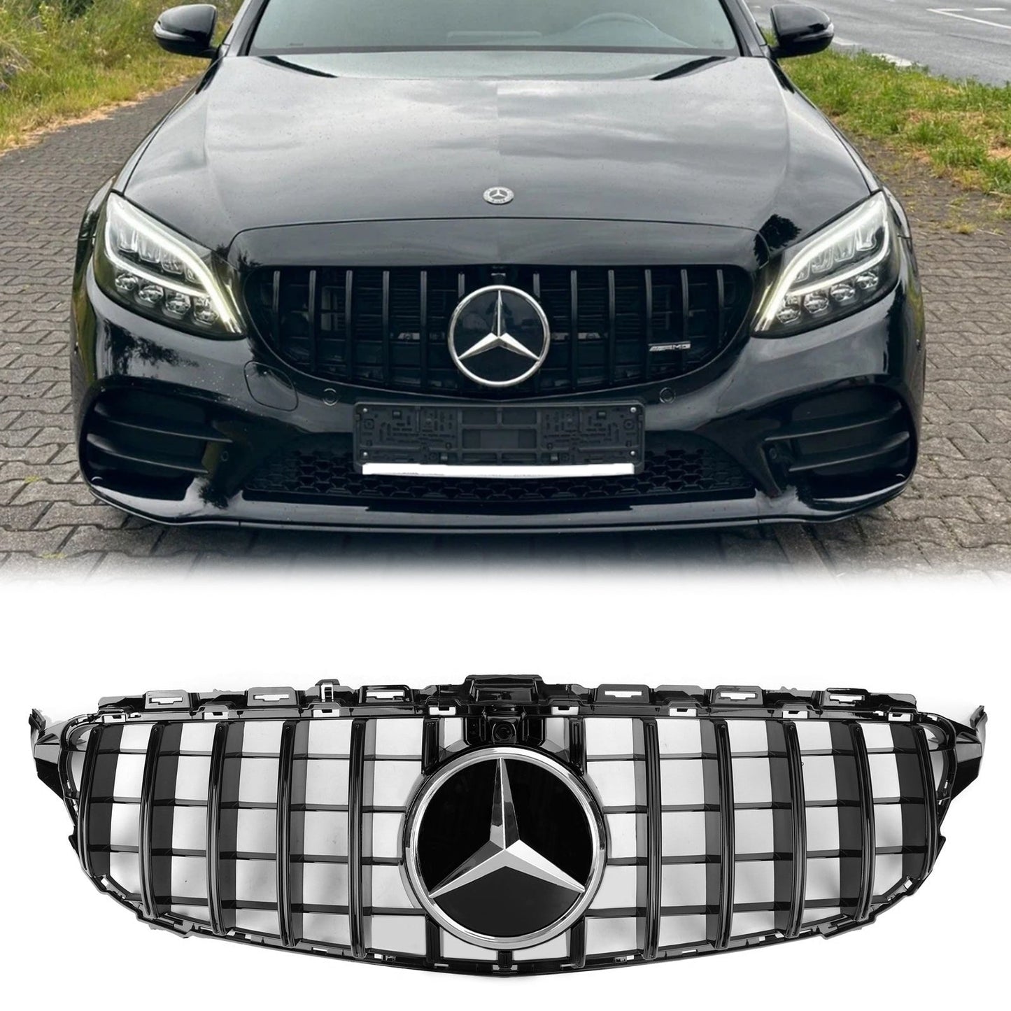 2019-2021 Mercedes Benz C-Class W205 C205 A205 Glossy Black GT Style Grill Front Bumper Replacement Grille