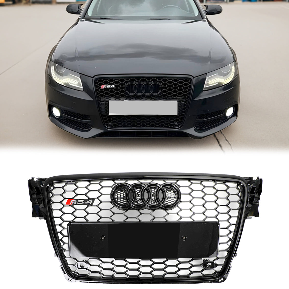 2008-2012 Audi A4/A4 Avant/S4 B8 RS4 Style Honeycomb Sport Mesh Hex Grill Gloss Black Grill Replacement