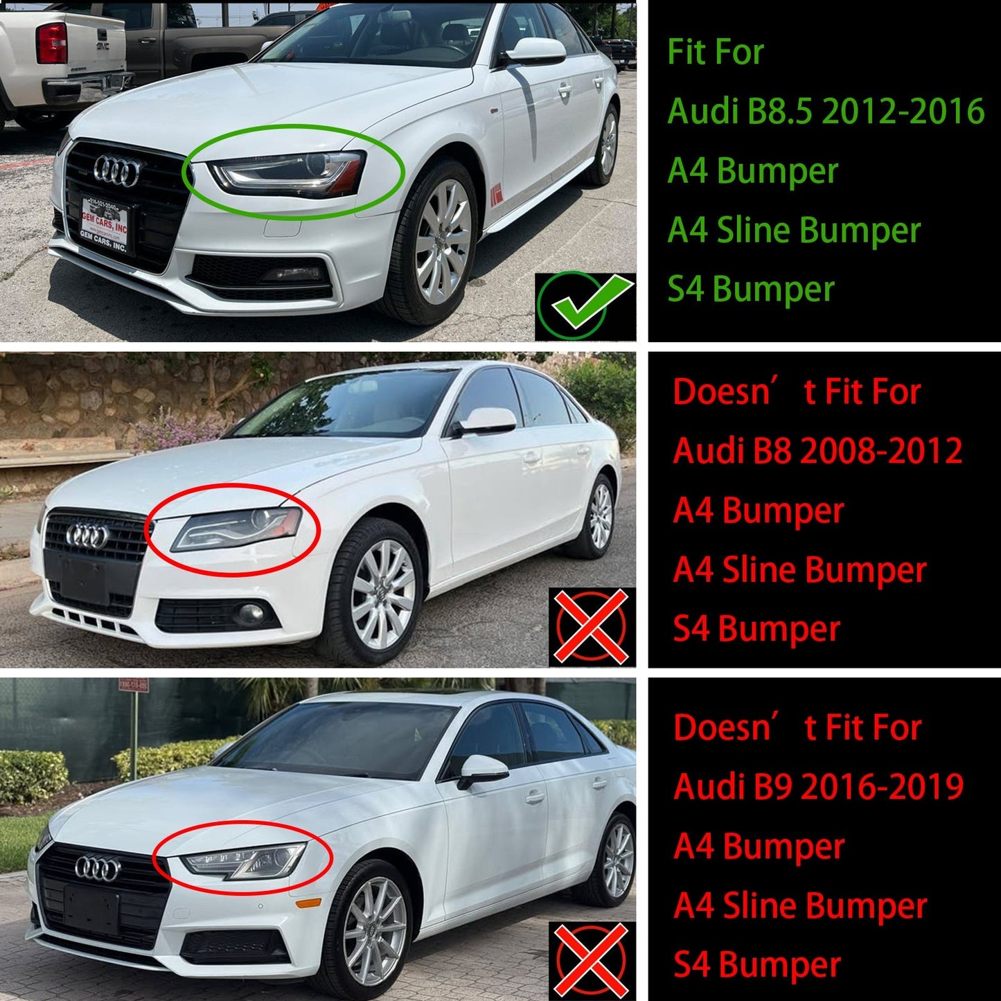 Audi A4/S4 B8.5 2012-2016 With Quattro RS4 Style Front Bumper Grill Replacement Black Grille
