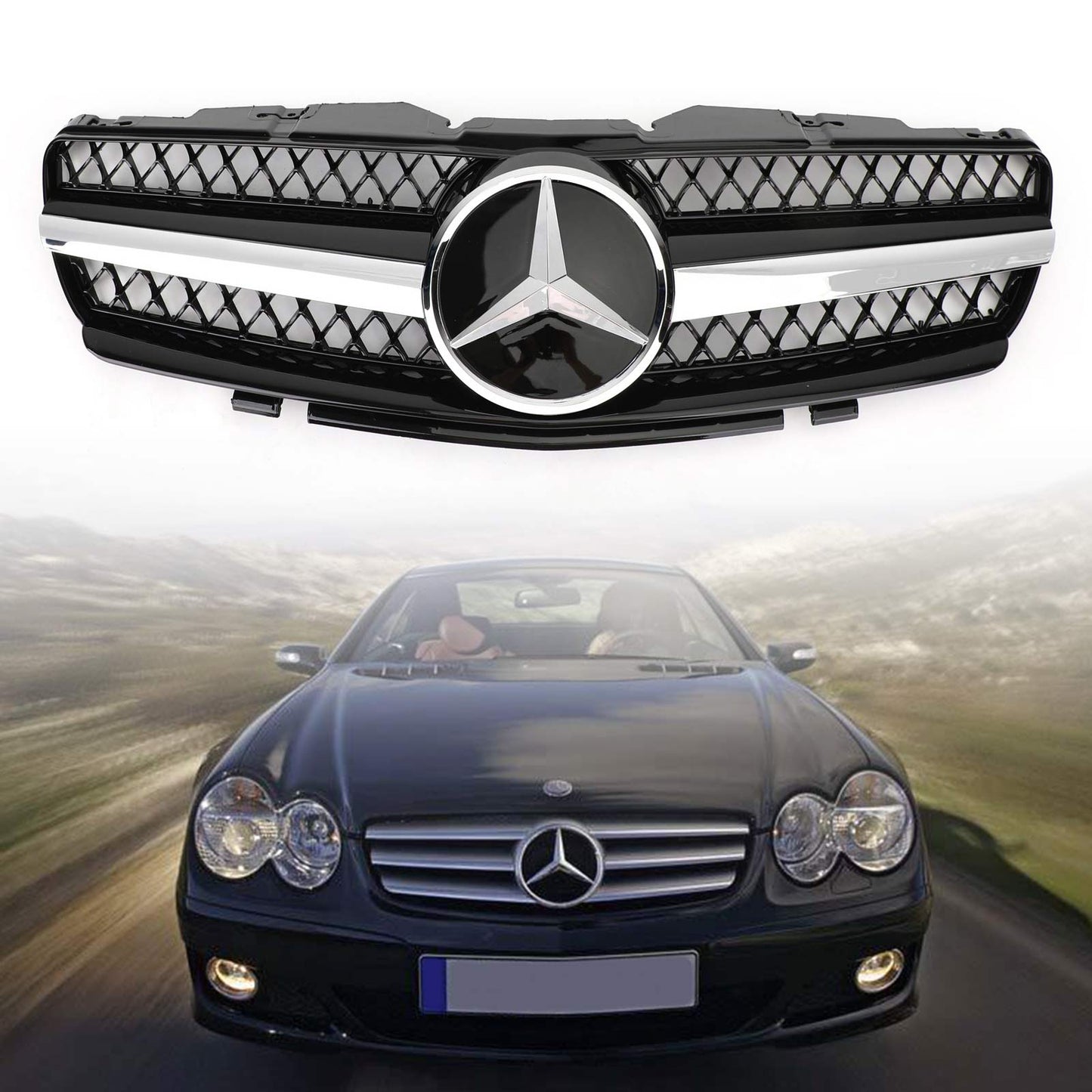 2002-2006 Mercedes Benz R230 SL Class SL350/500/600/SL55/65 1 Fin Star Grill black Chrome Grille